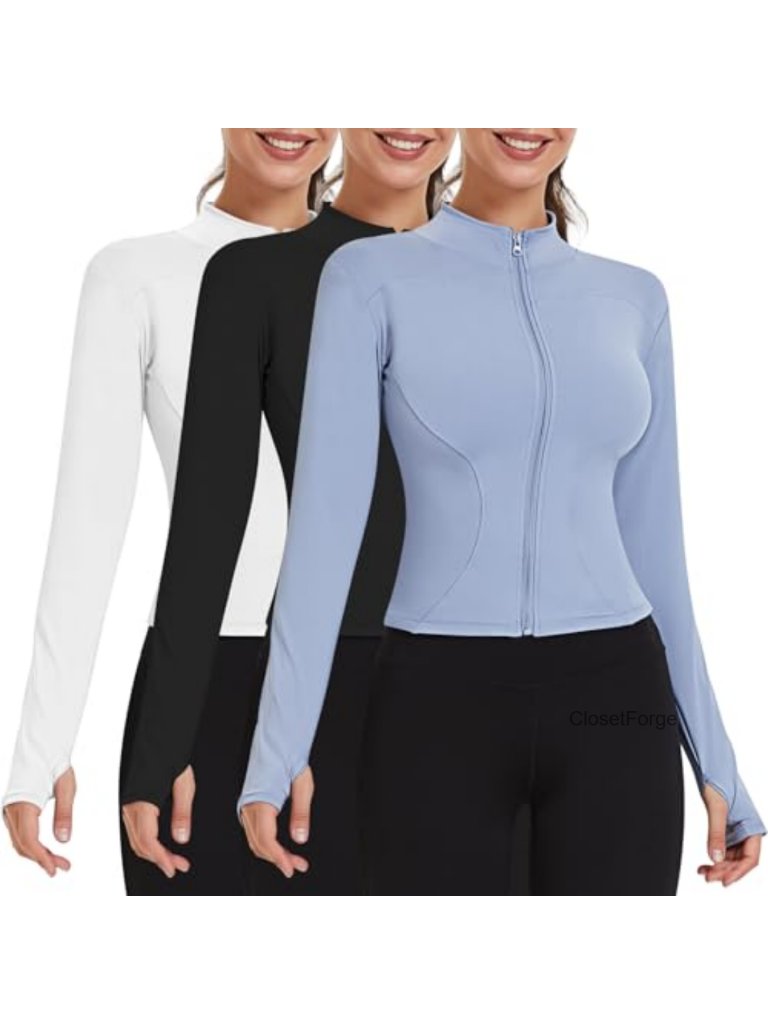 3-Pack Women's Cropped Zip Up Workout Jacket With Thumb Holes Athletic Running